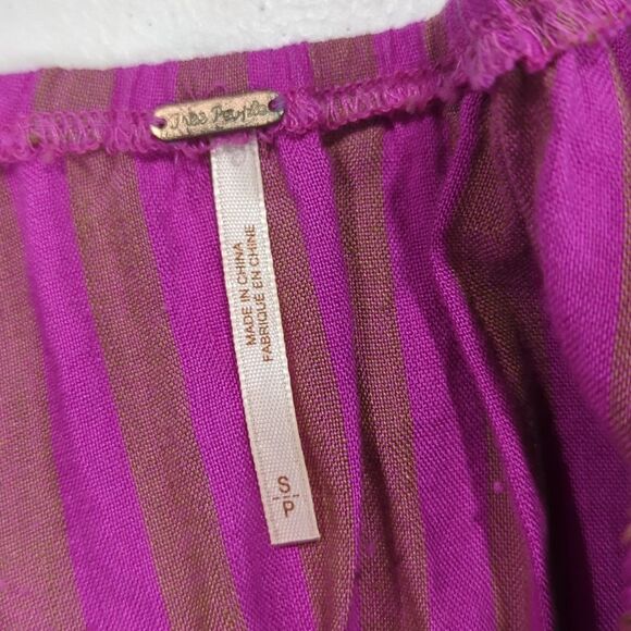 Free People Dress Womens Small Purple Folk Town Linen Blend Fuchsia Striped Mini - Picture 6 of 9